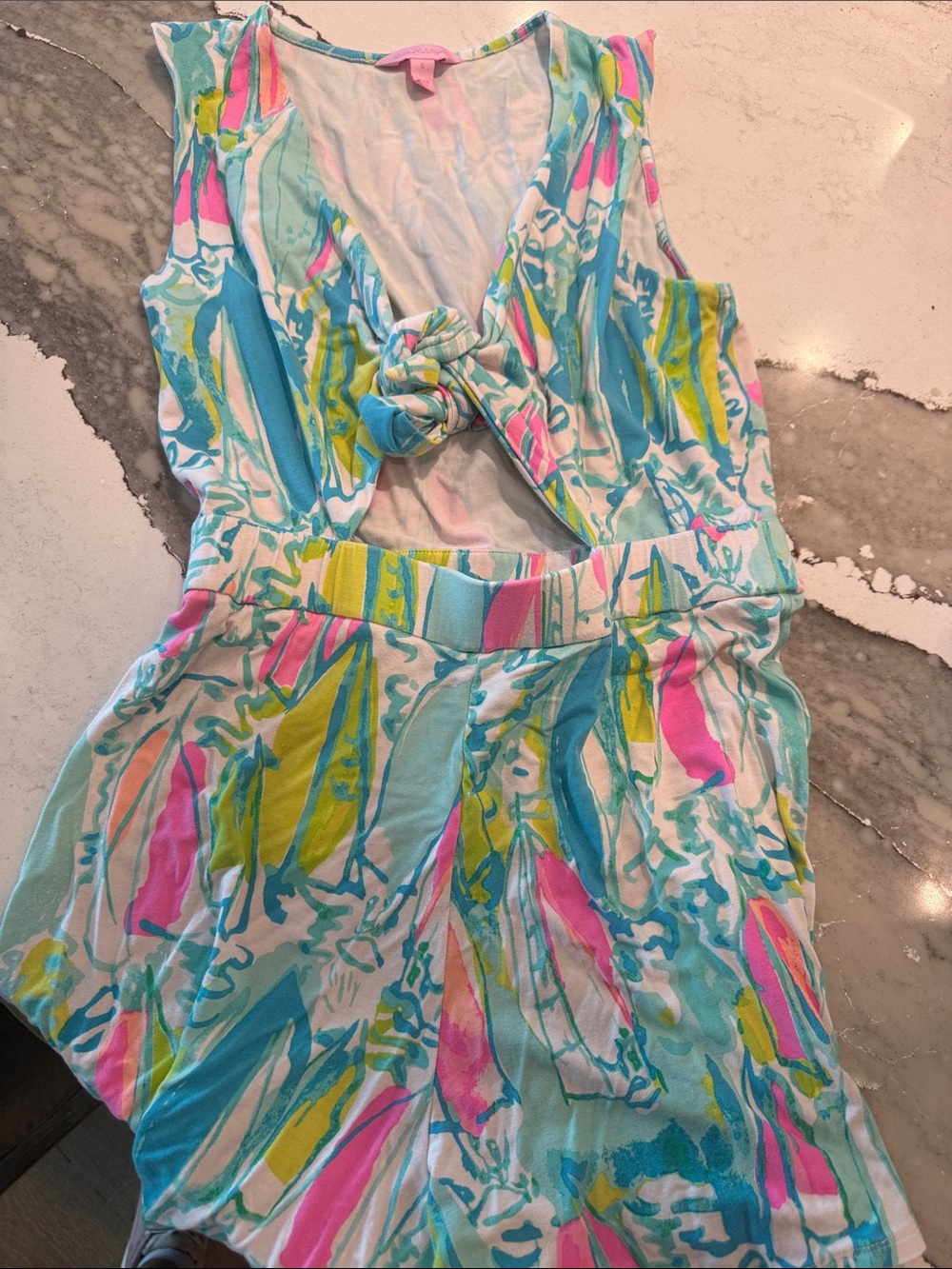 Colorful Tie-Front Sleeveless Romper - Pastel Abstract Print